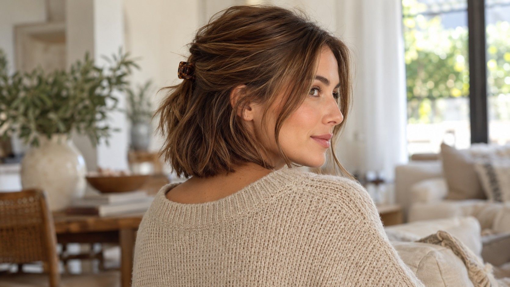 Woman with a collarbone-length bob loosely clipped back