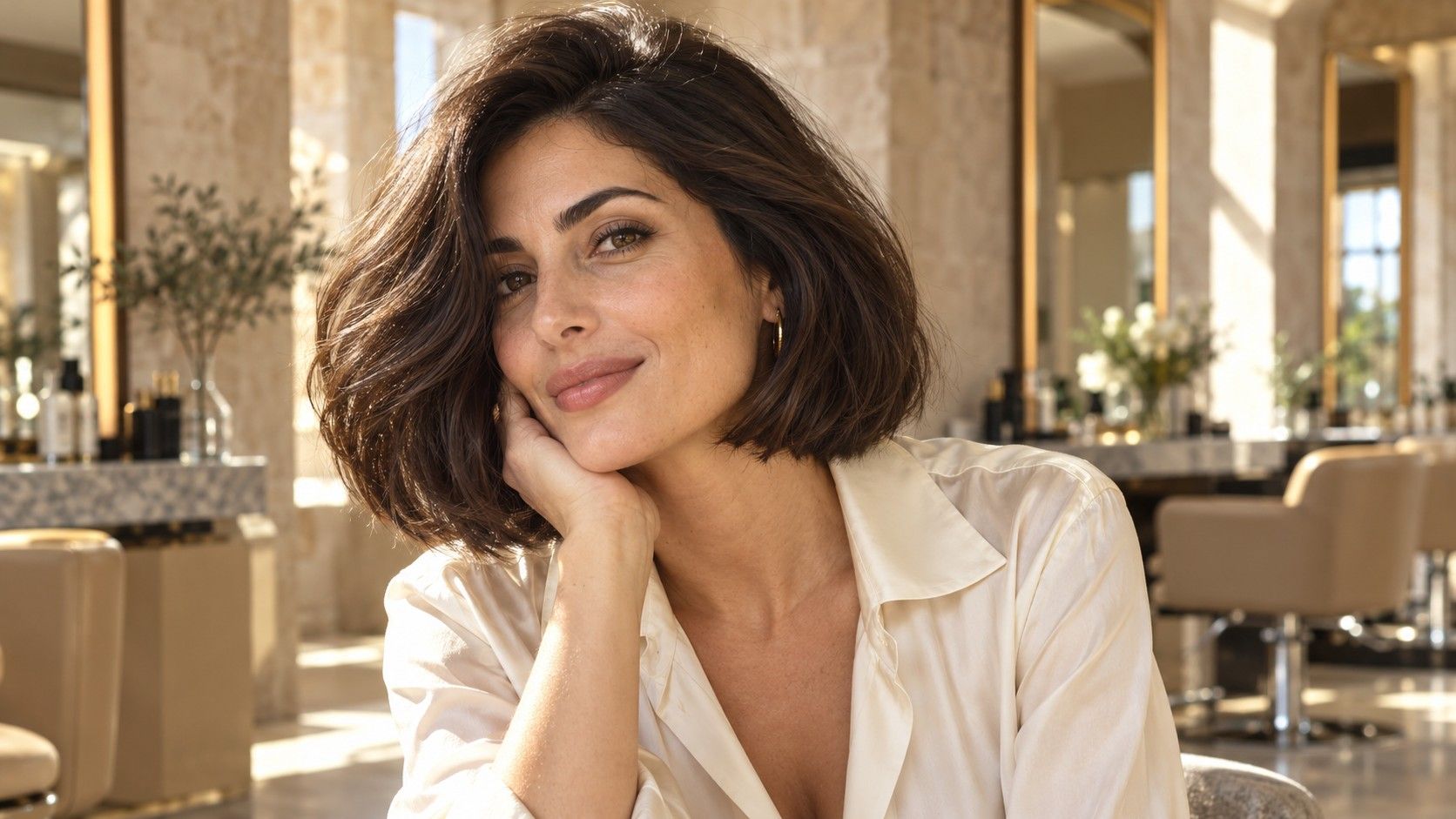 Brunette bob with a full lower edge and soft side sweep